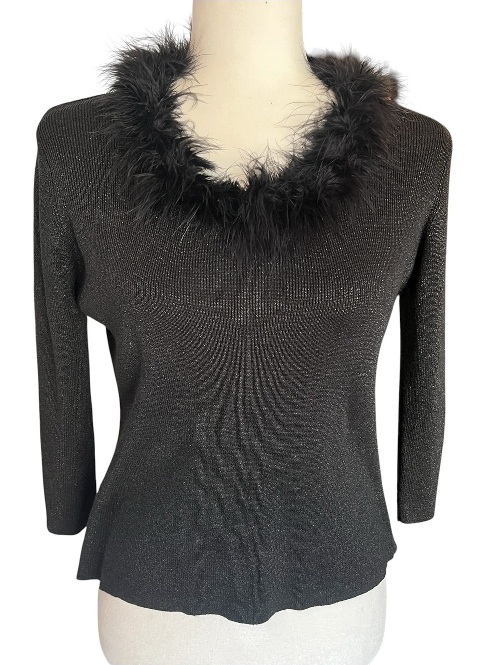 Vintage Joseph A Silk Sweater Feather Collar Black 90s Y2K Womens Small